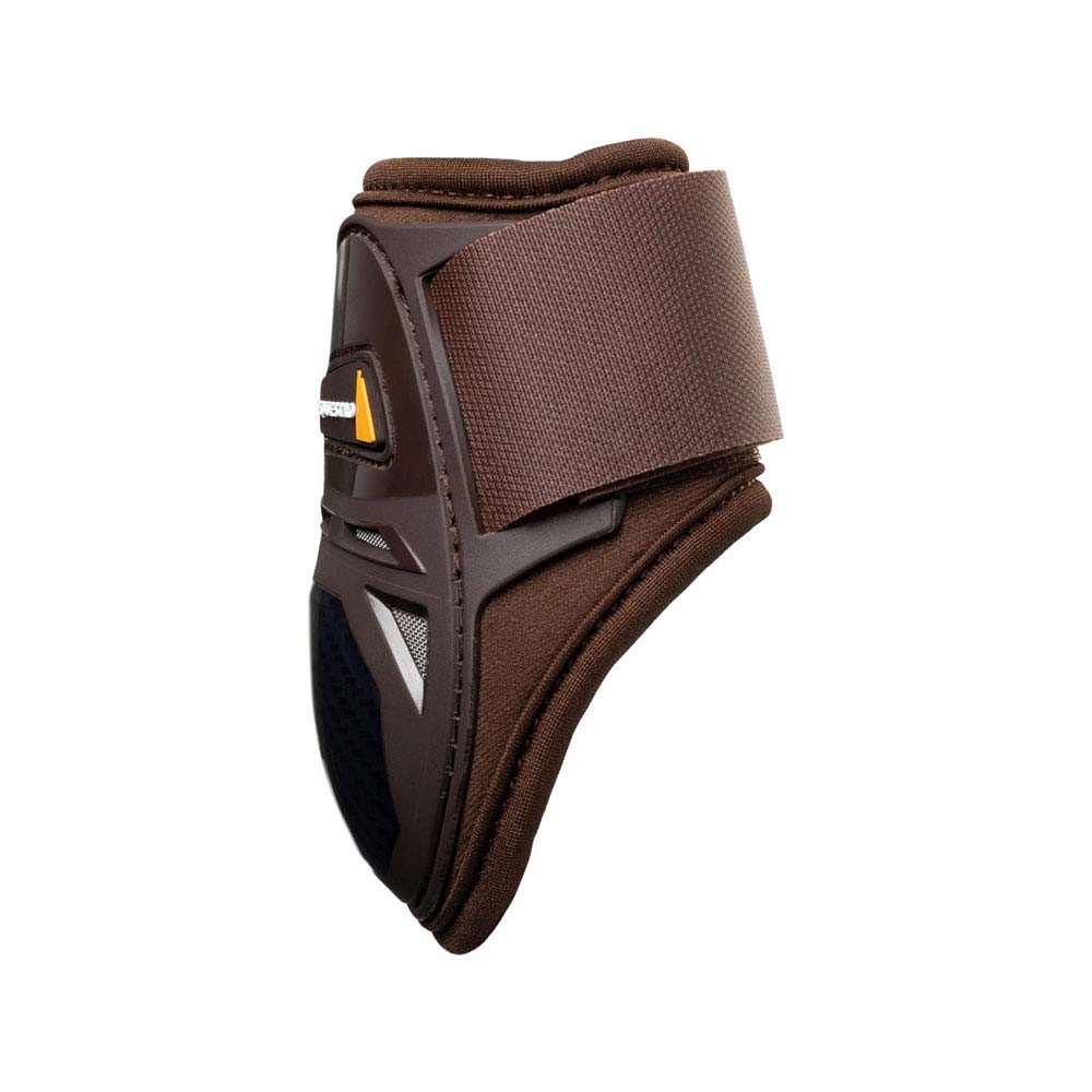 Protetor castanho para casco de cavalo com velcro e detalhes cinzentos