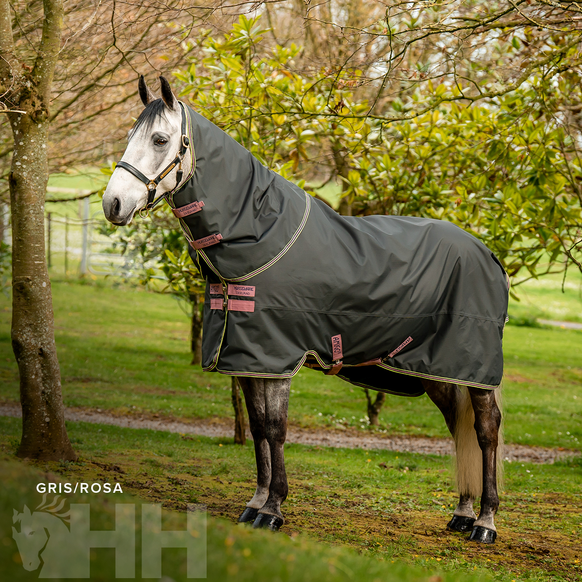 Cavalo com manta impermeável cinzenta com detalhes rosa em ambiente exterior