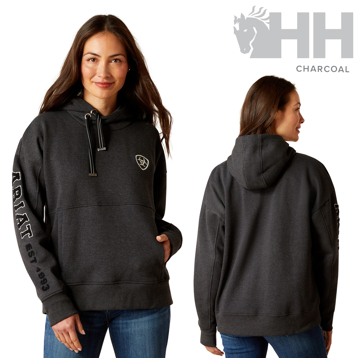 Sweatshirt feminina cinza escuro com capuz e texto na manga, vista de frente e de costas