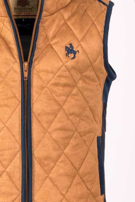 Colete acolchoado castanho com bordado azul e zipper no centro