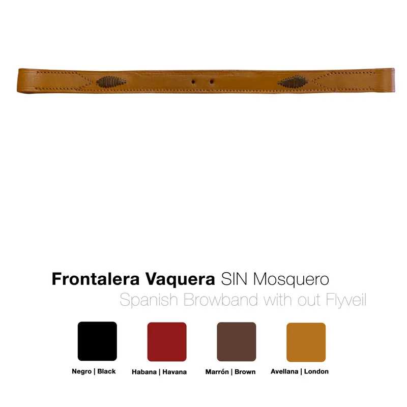 Frontalera vaquera de couro cor avellana com detalhes em costura preta e esquema de cores