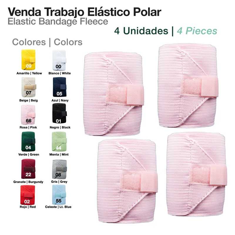 Quatro vendas elásticas rosa claro com fecho de velcro e tabela de cores variadas