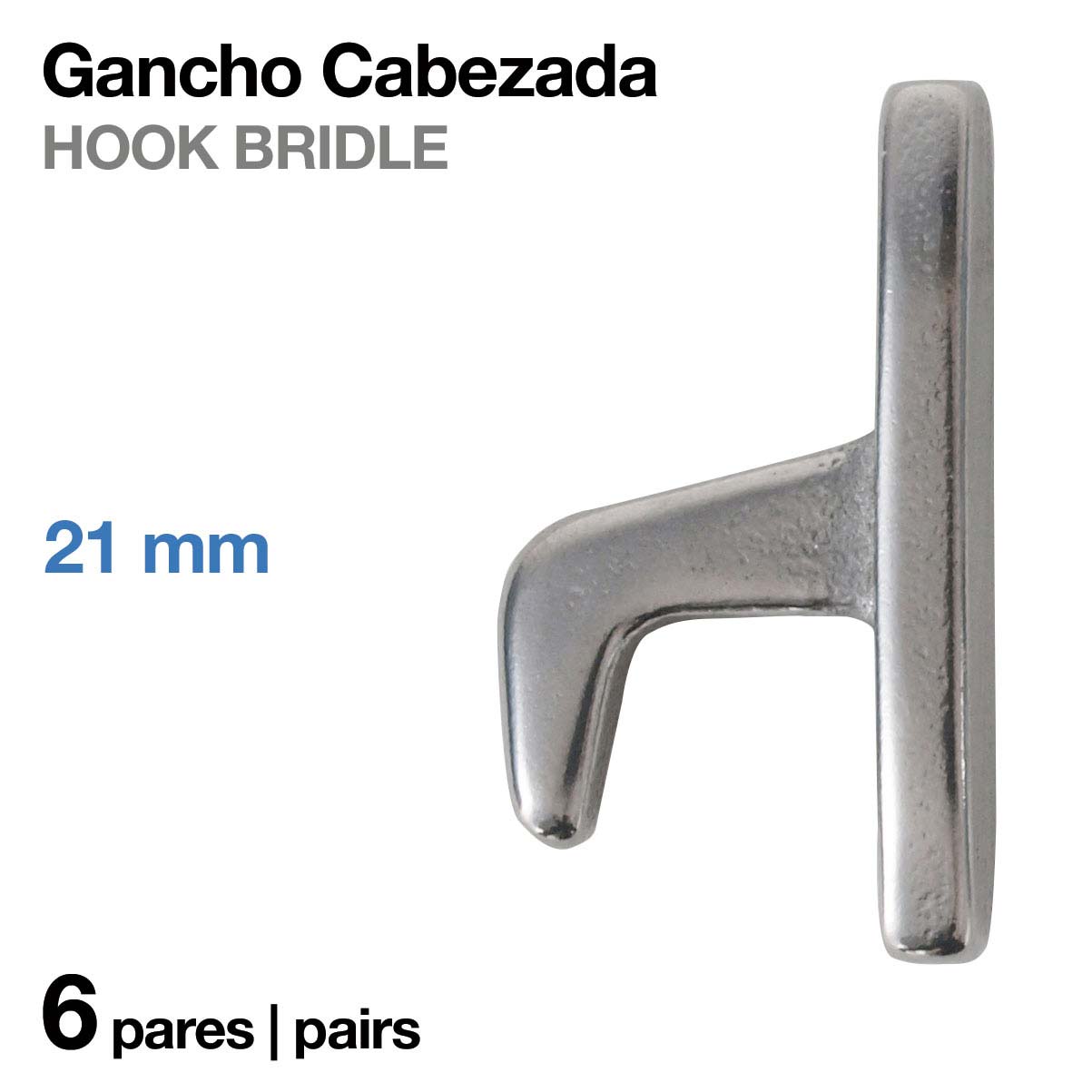 Gancho metálico prateado de 21 mm com texto informativo