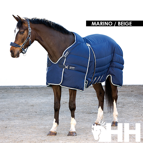 Cavalo com manta acolchoada azul marinho e detalhes bege