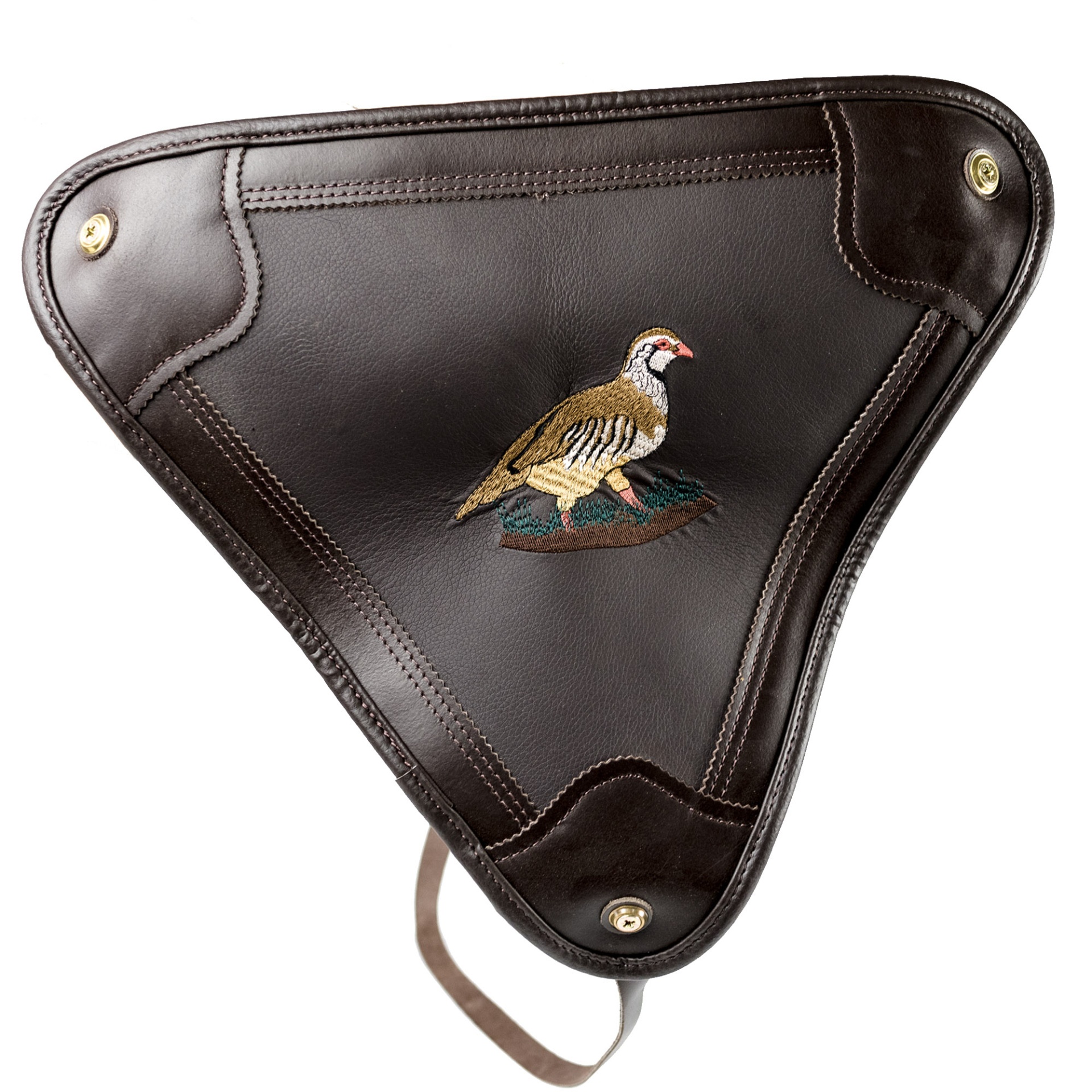 Pasta triangular em couro castanho com bordado de ave e botões dourados