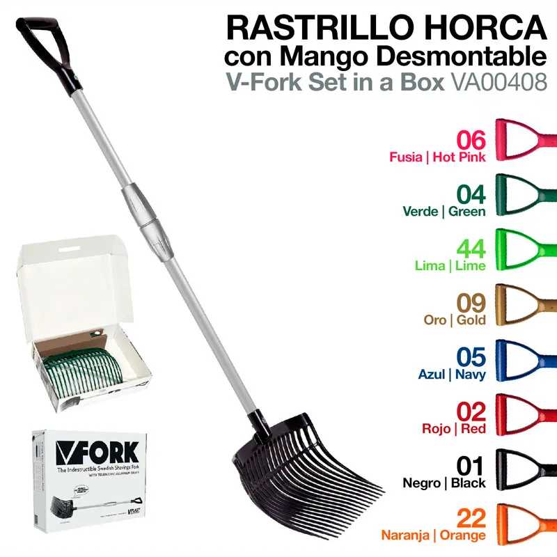 Rastrillo horca preto com mango desmontável e embalagem branca V-FORK