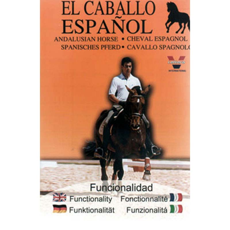 Capa laranja com homem montado num cavalo castanho e texto multilingue sobre El Caballo Español