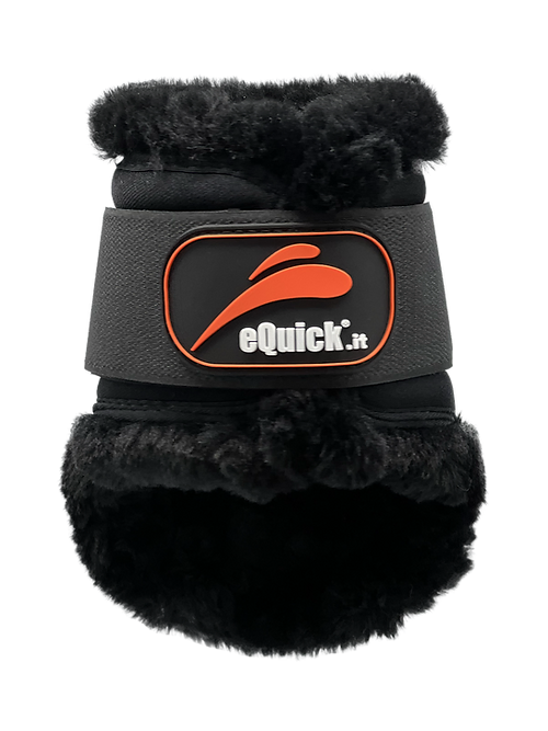 Proteção para patas de cavalo preta com pelo sintético e etiqueta eQuick.it