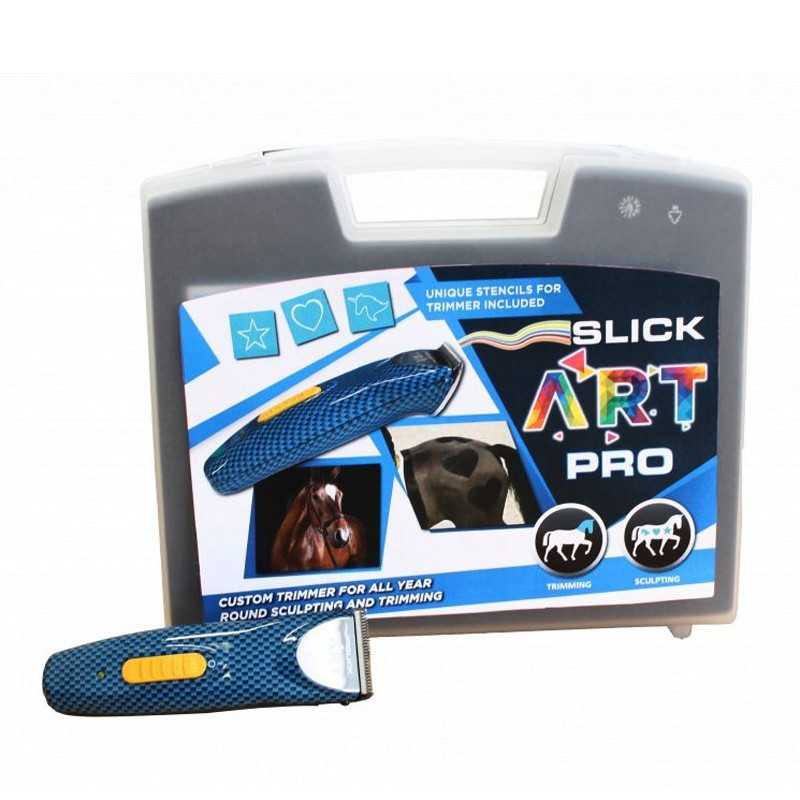 Estojo cinzento com rótulos azuis e branco, aparador azul e amarelo com cabo antiderrapante