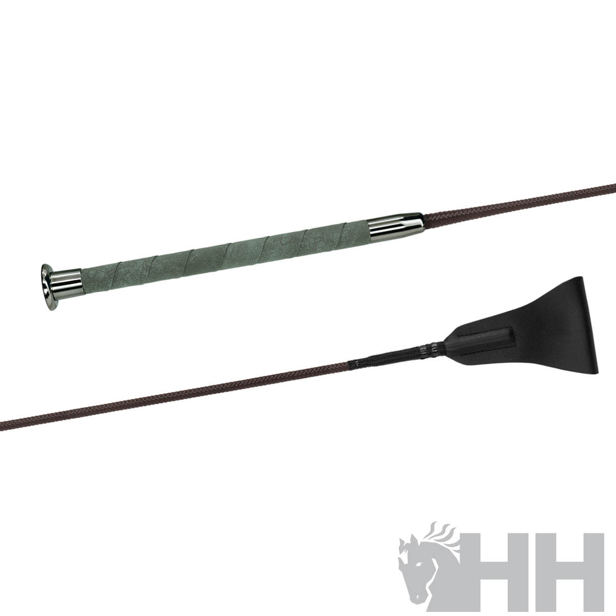 Chicote de treino equino com pega verde e cabo trançado castanho