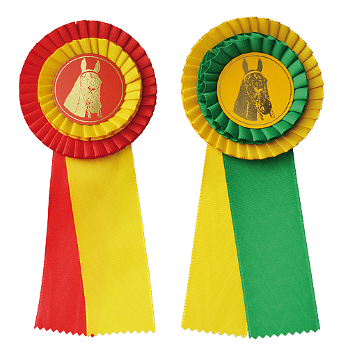 Duas fitas de competição em tecido com cabeças de cavalo ilustradas