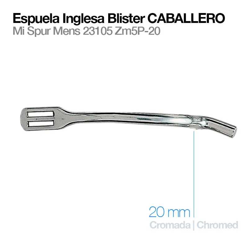 Espuela inglesa metálica cromada de 20 mm com texto descritivo