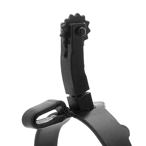 Espora preta de metal com dente serrilhado sobre fundo branco