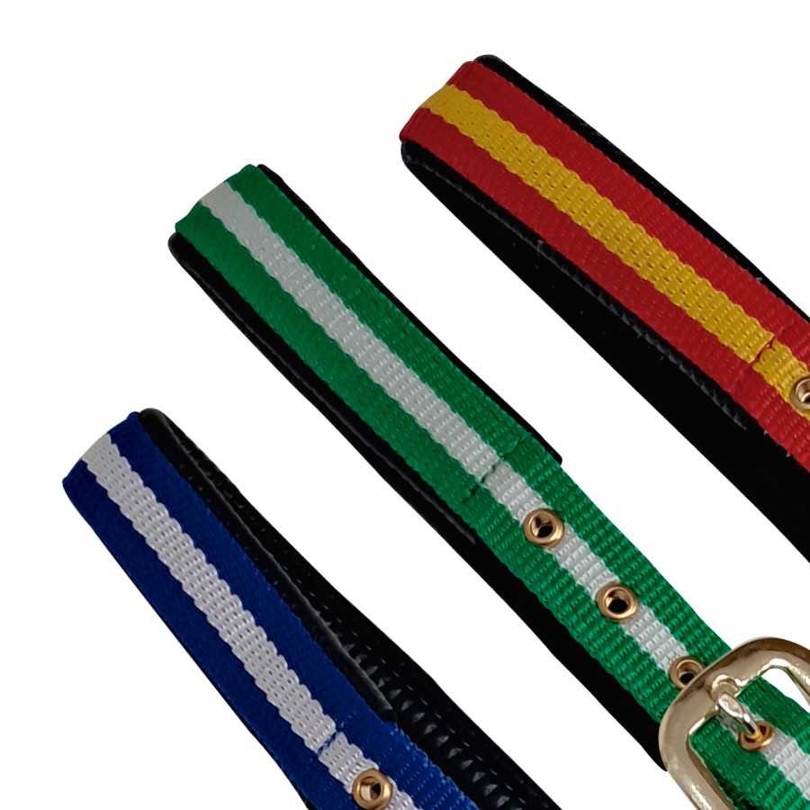 Três cintos de tecido com padrões listrados coloridos e fivelas douradas