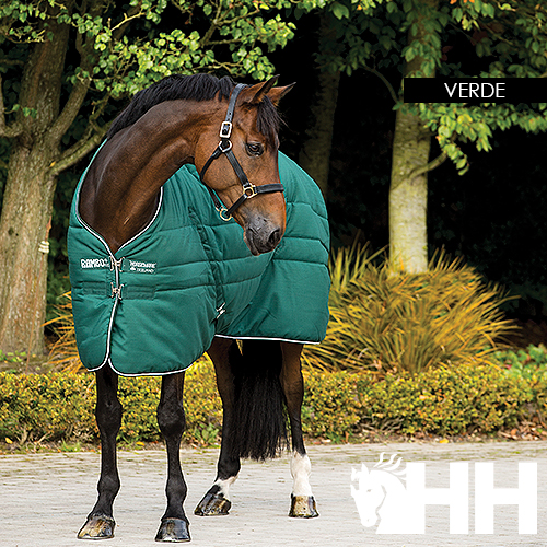 Cavalo com manta verde acolchoada Horseware Ireland em ambiente exterior