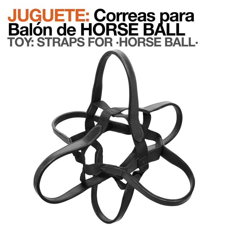 Correias pretas para bola de horse ball sobre fundo branco com texto em espanhol e inglês