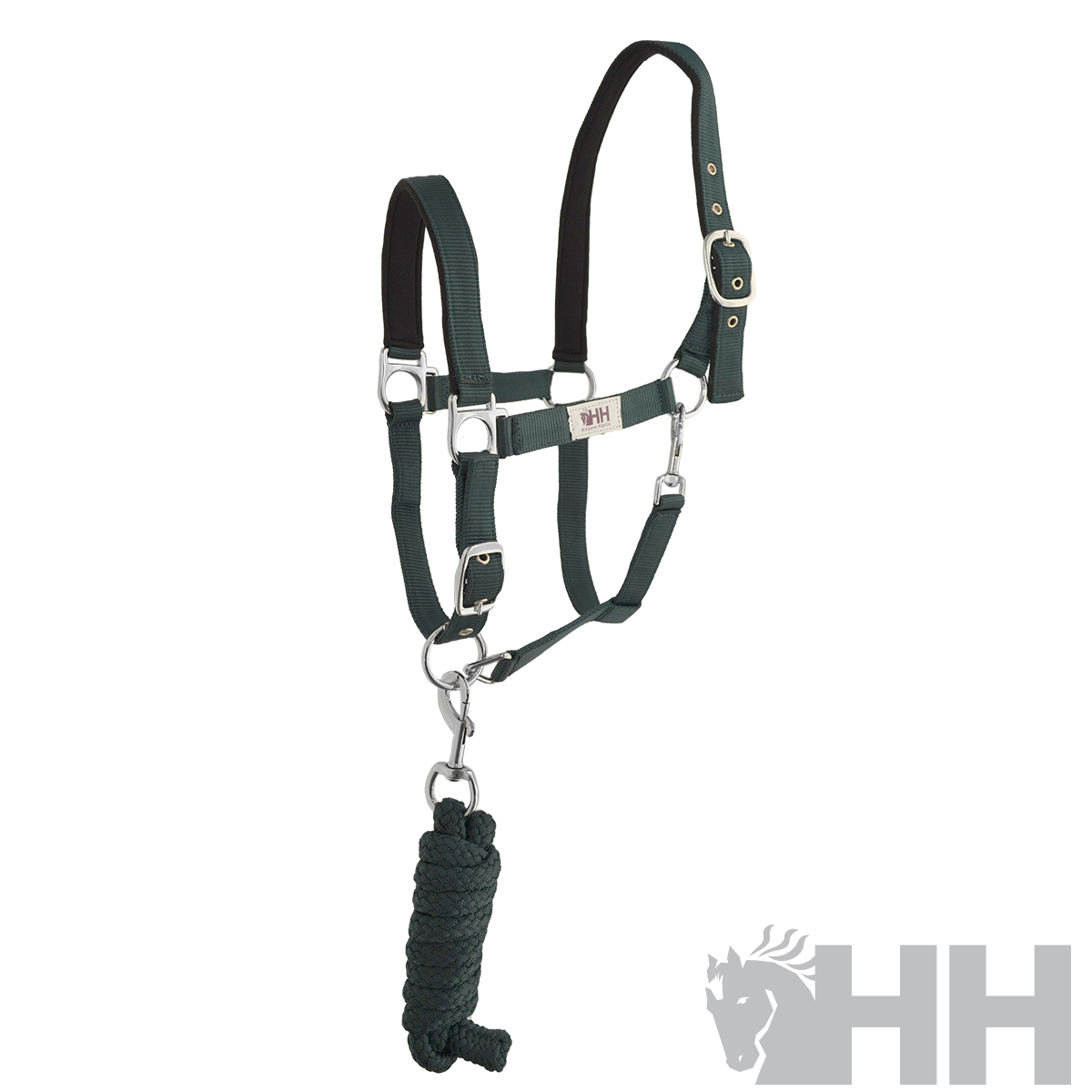 Cabresto e guia para cavalo preto com fivelas metálicas e etiqueta HH