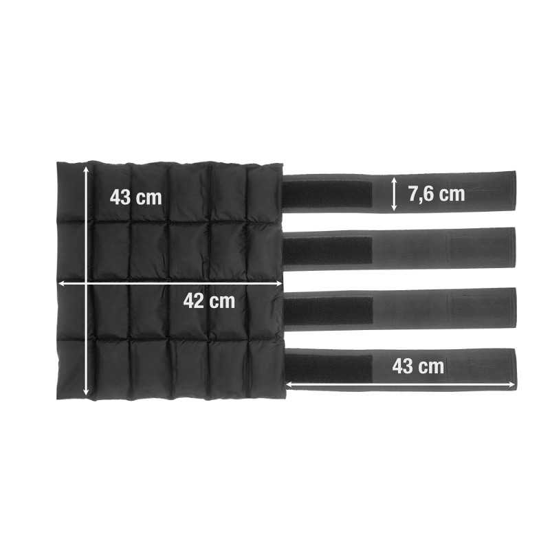 Estojo ou almofada pesada preta com quatro tiras pretas e medidas em centímetros