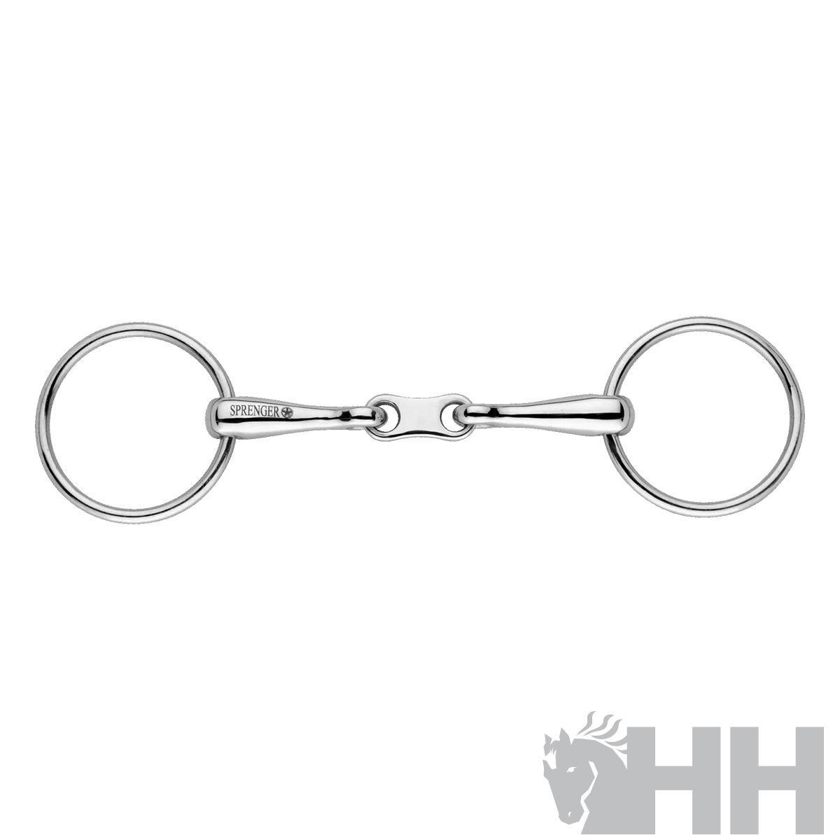 Pala de bocado dupla articulação em metal prateado com argolas circulares