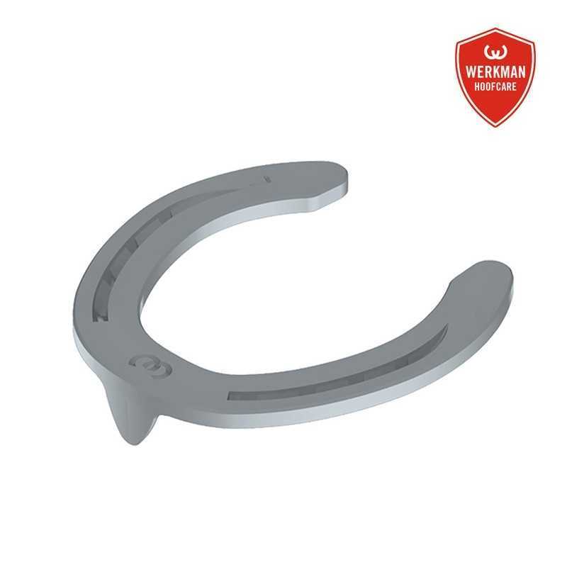 Ferradura metálica cinzenta com ranhuras e logótipo W sobre fundo branco com logótipo WERKMAN HOOFCARE vermelho.