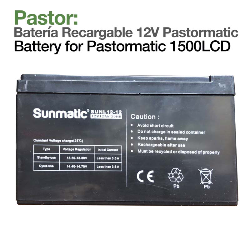 Bateria recarregável preta Sunmatic 12V 12Ah com texto e símbolos