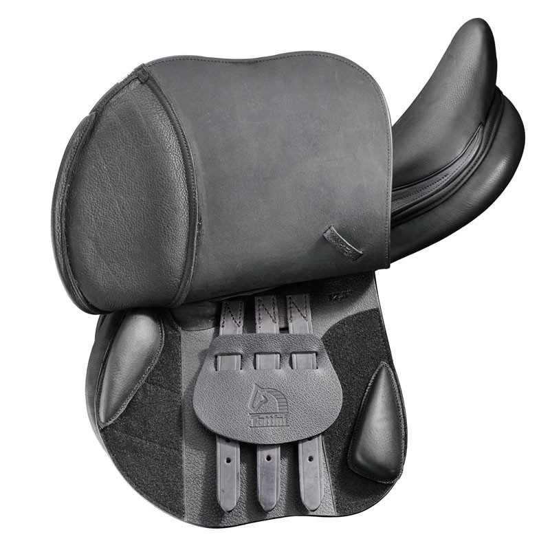 Sela de equitação preta com couro e material sintético