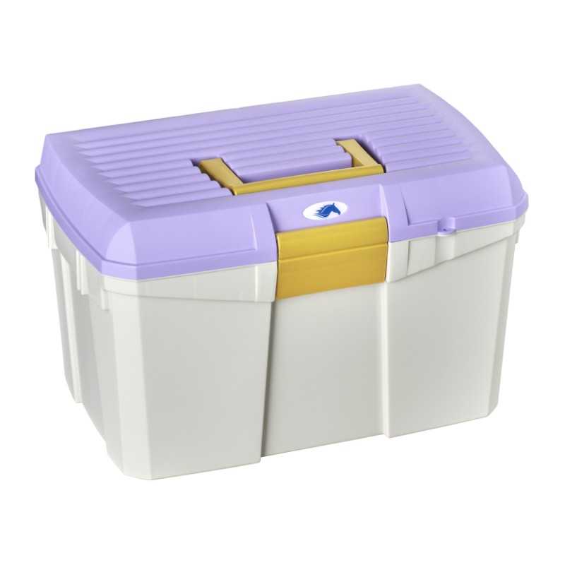 Caixa de plástico branca com tampa lilás e fecho amarelo