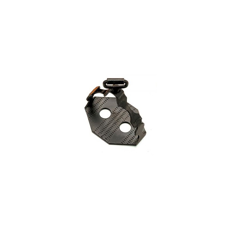 Peça metálica preta com dois orifícios e encaixe