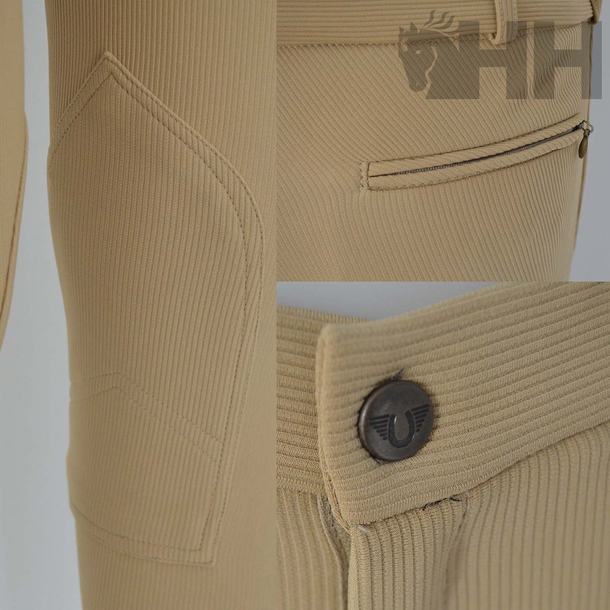 Calças bege texturadas com bolso e botão