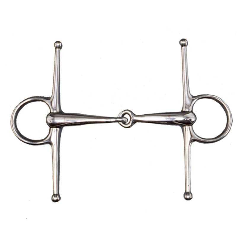 Freio de metal prateado com duas argolas e barra central em fundo branco