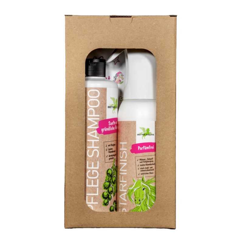 Conjunto de cuidados para cavalos com shampoo e spray em caixa de cartão.