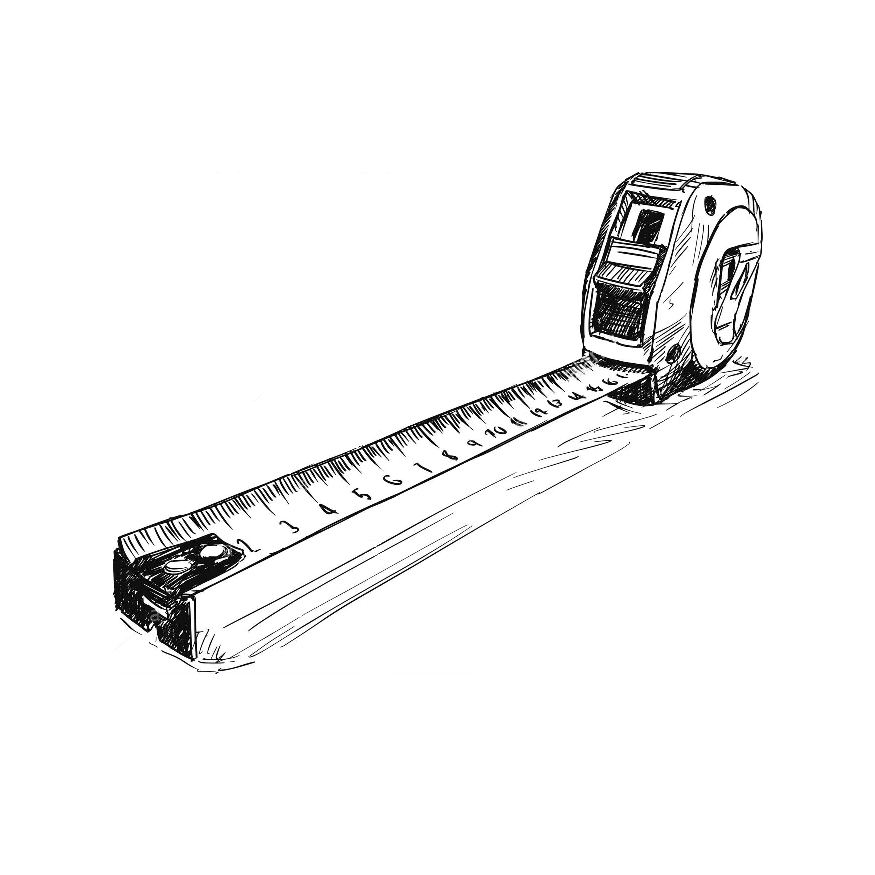 Desenho a tinta de fita métrica preta e branca com marcações visíveis.