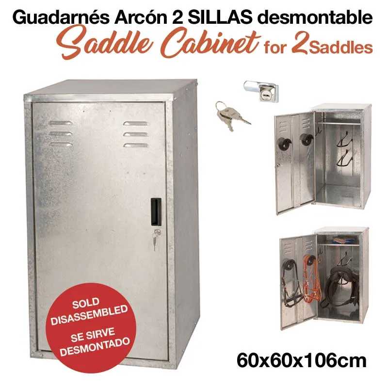 Armário de metal cinzento para guardar 2 selas com fechadura e interior com ganchos