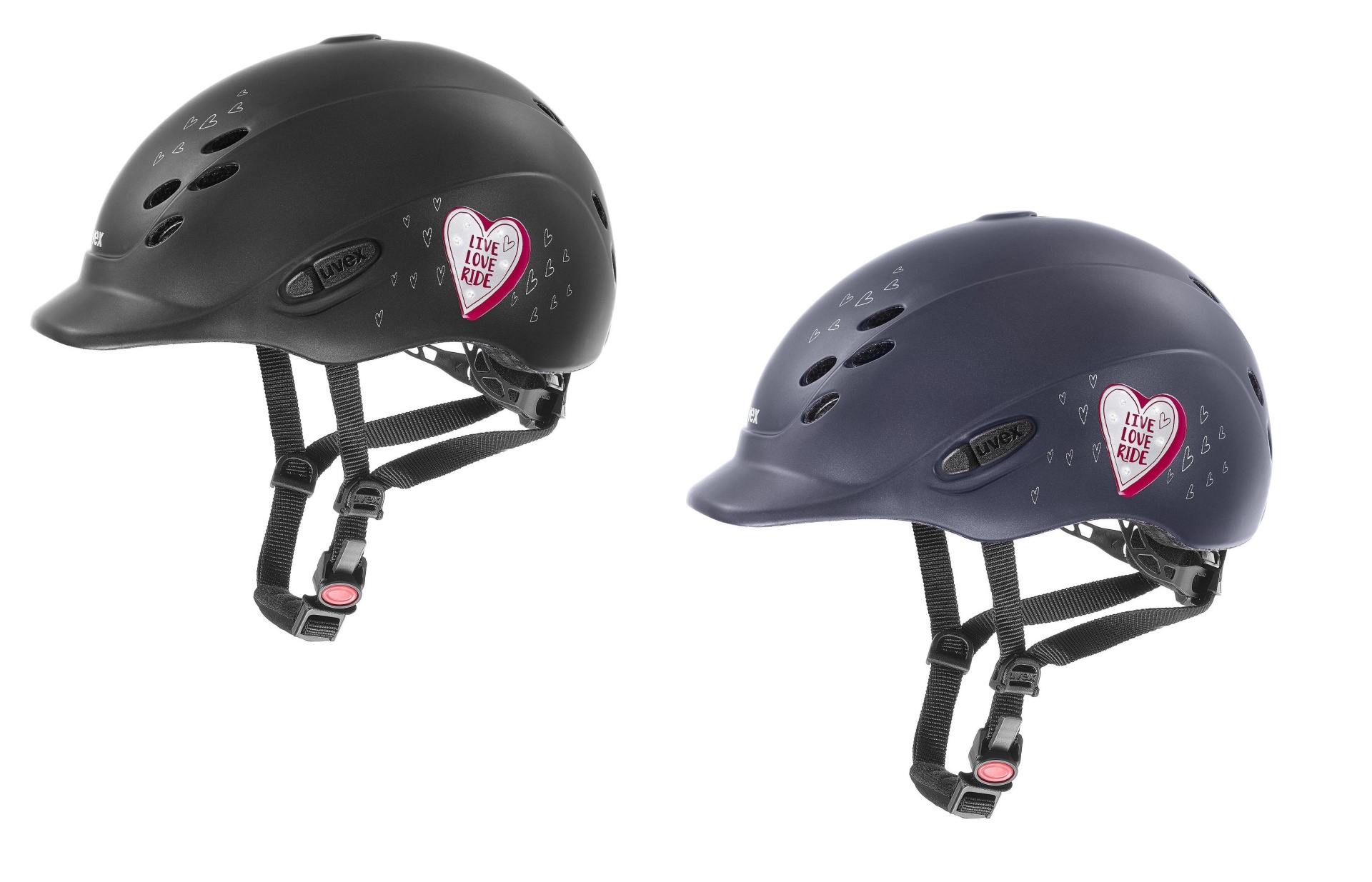 Dois capacetes para crianças Preto e azul escuro com etiqueta coração I'M THE BIKE