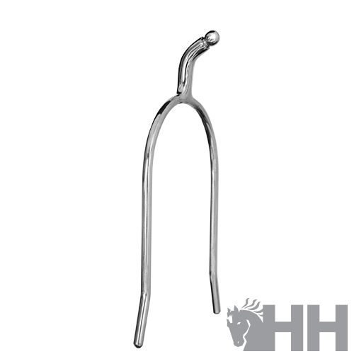 Estribo metálico prateado para cavalo com haste curvada e bola na extremidade