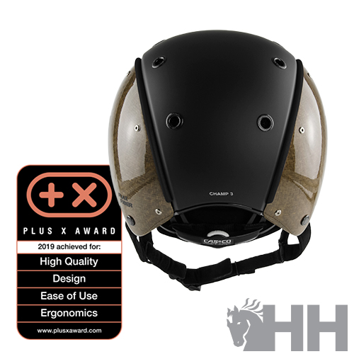 Capacete preto e cinza com selo Plus X Award