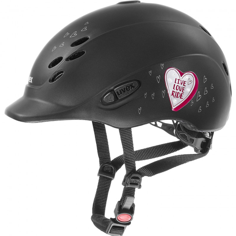 Capacete preto com estampas de corações e texto 'LIVE LOVE RIDE', para ciclismo