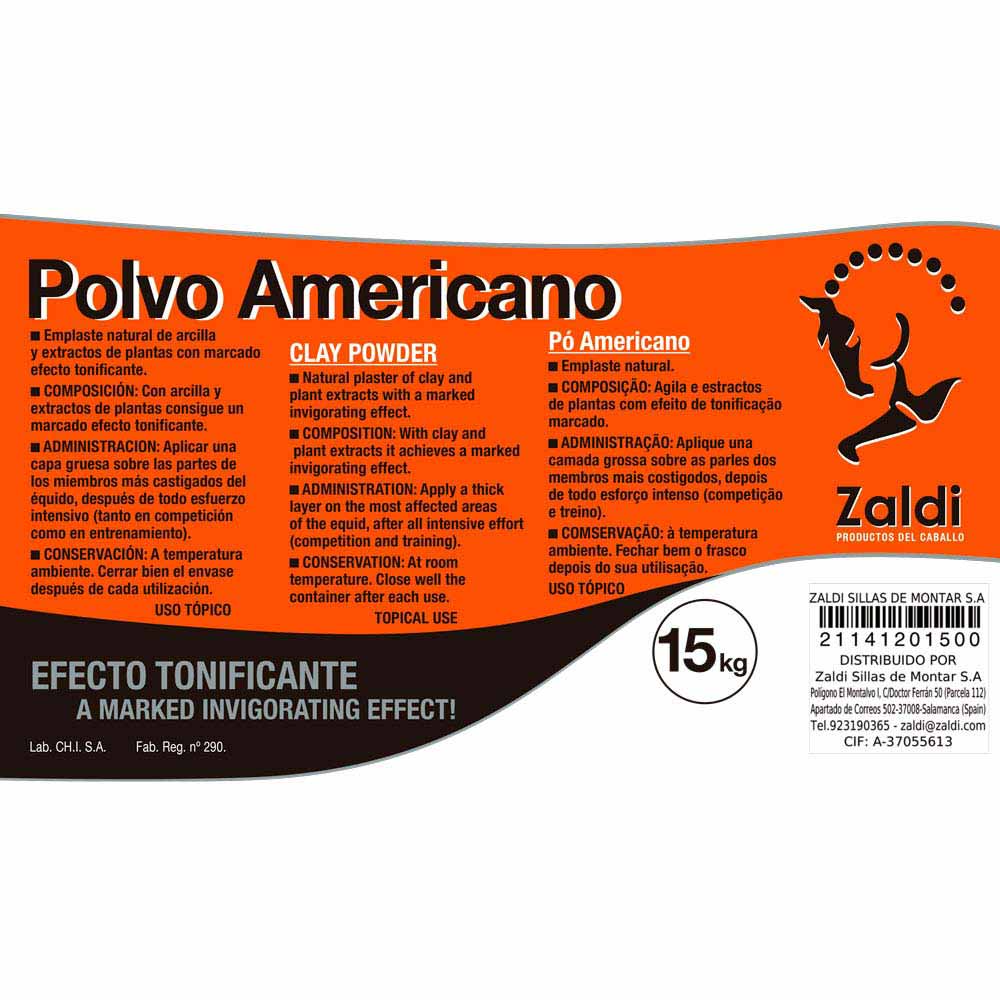 Etiqueta de produto Polvo Americano com fundo laranja e preto e texto trilingue
