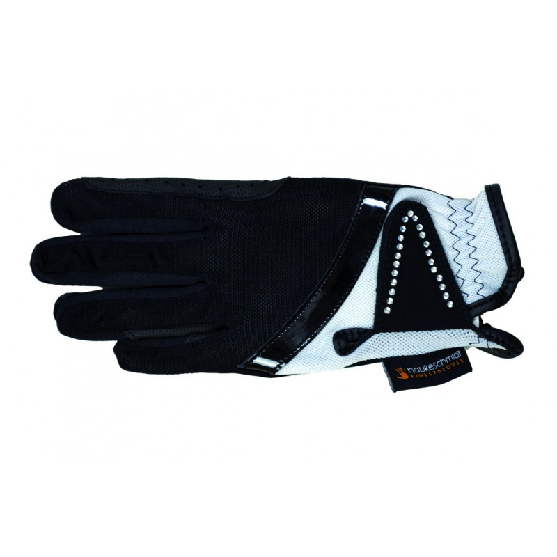 Luvas pretas e brancas com detalhes e cristais, etiqueta laranja haukemodrt HANDSGLOVES