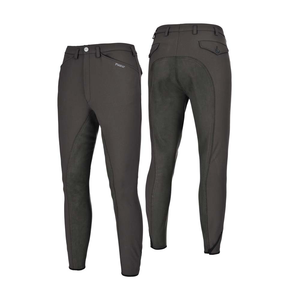 Calças de montar castanhas escuras com reforços e bolsos