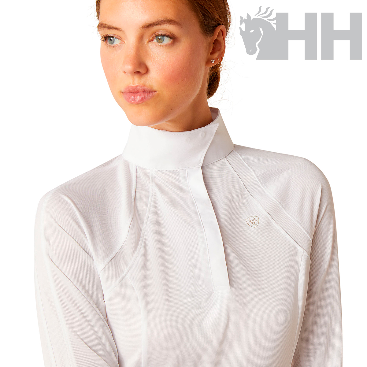 Camisola feminina branca gola alta com logotipo HH no peito