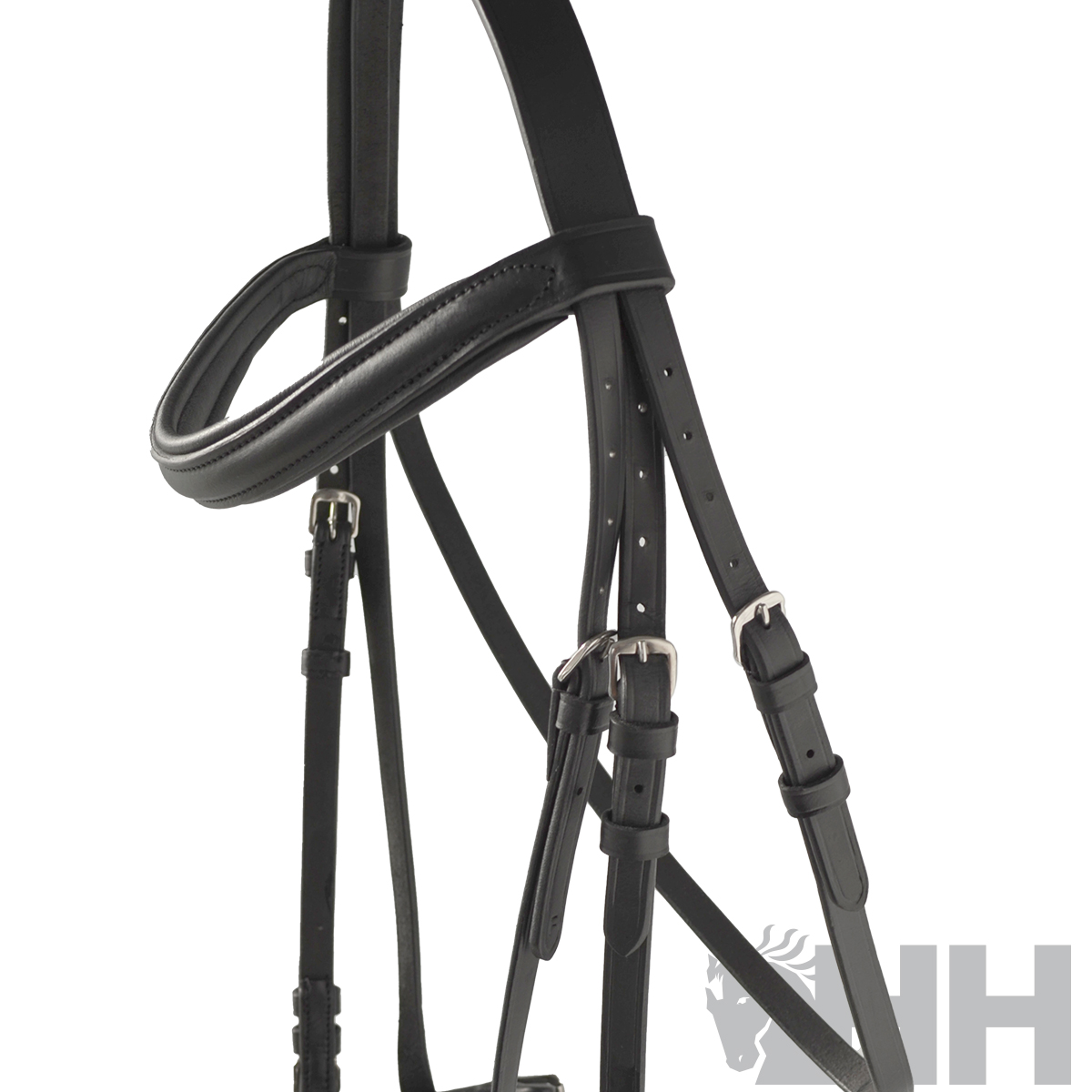 Sela de cavalo preta em couro com fivelas prateadas