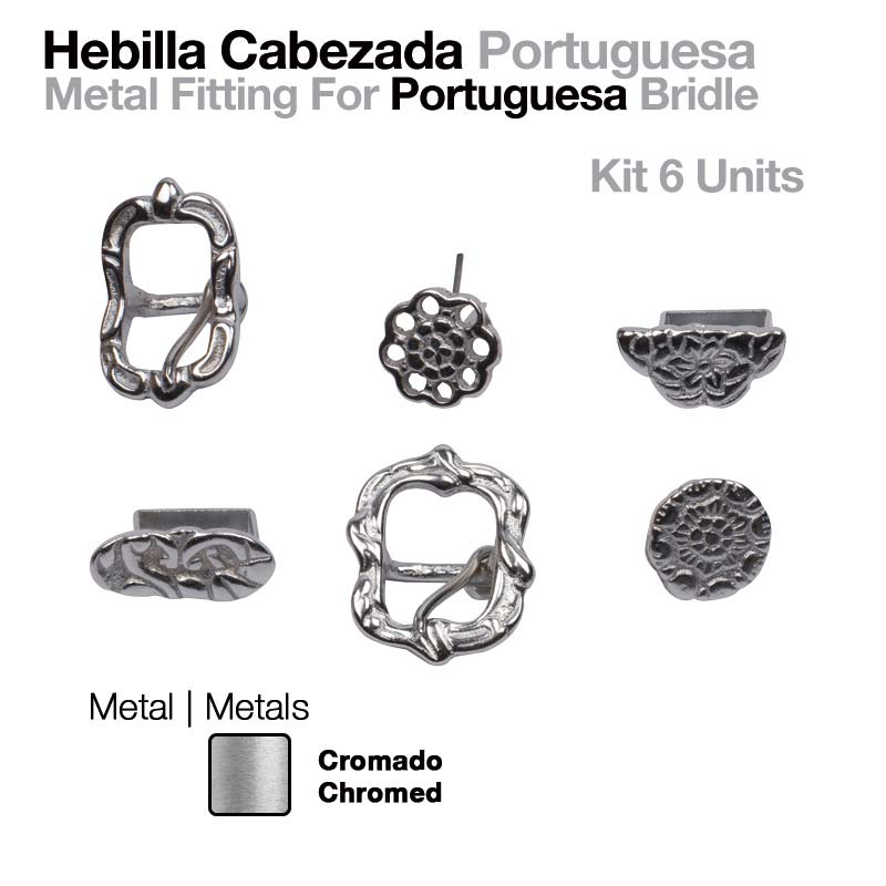 Fivelas para cabeçada portuguesa em metal cromado, 6 unidades com desenhos decorativos, fundo branco com texto