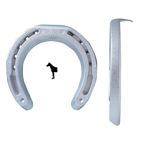 Ferradura metálica cinzenta vista de frente e lado com ícone de cavalo