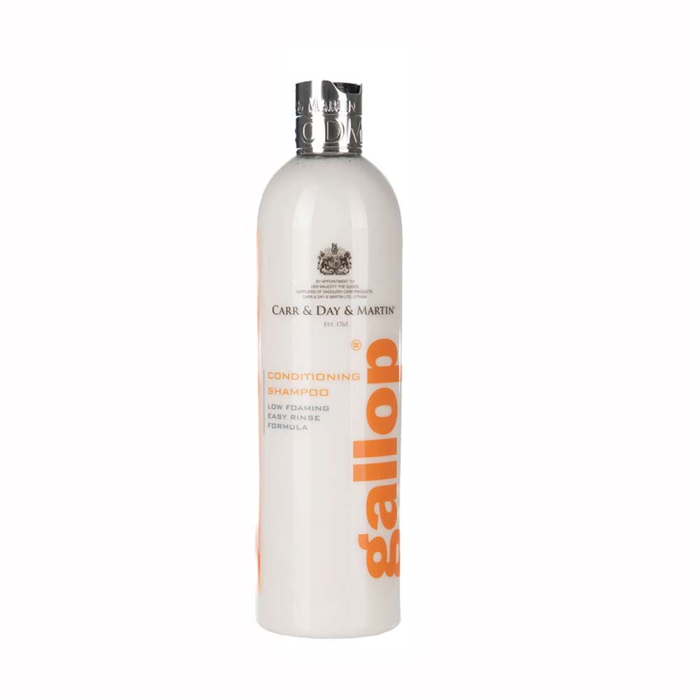 Frasco branco com tampa prateada de shampoo condicionador Carr & Day & Martin galop