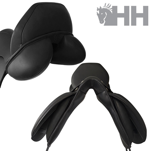 Sela de equitação preta em couro com almofadas acolchoadas e logo HH