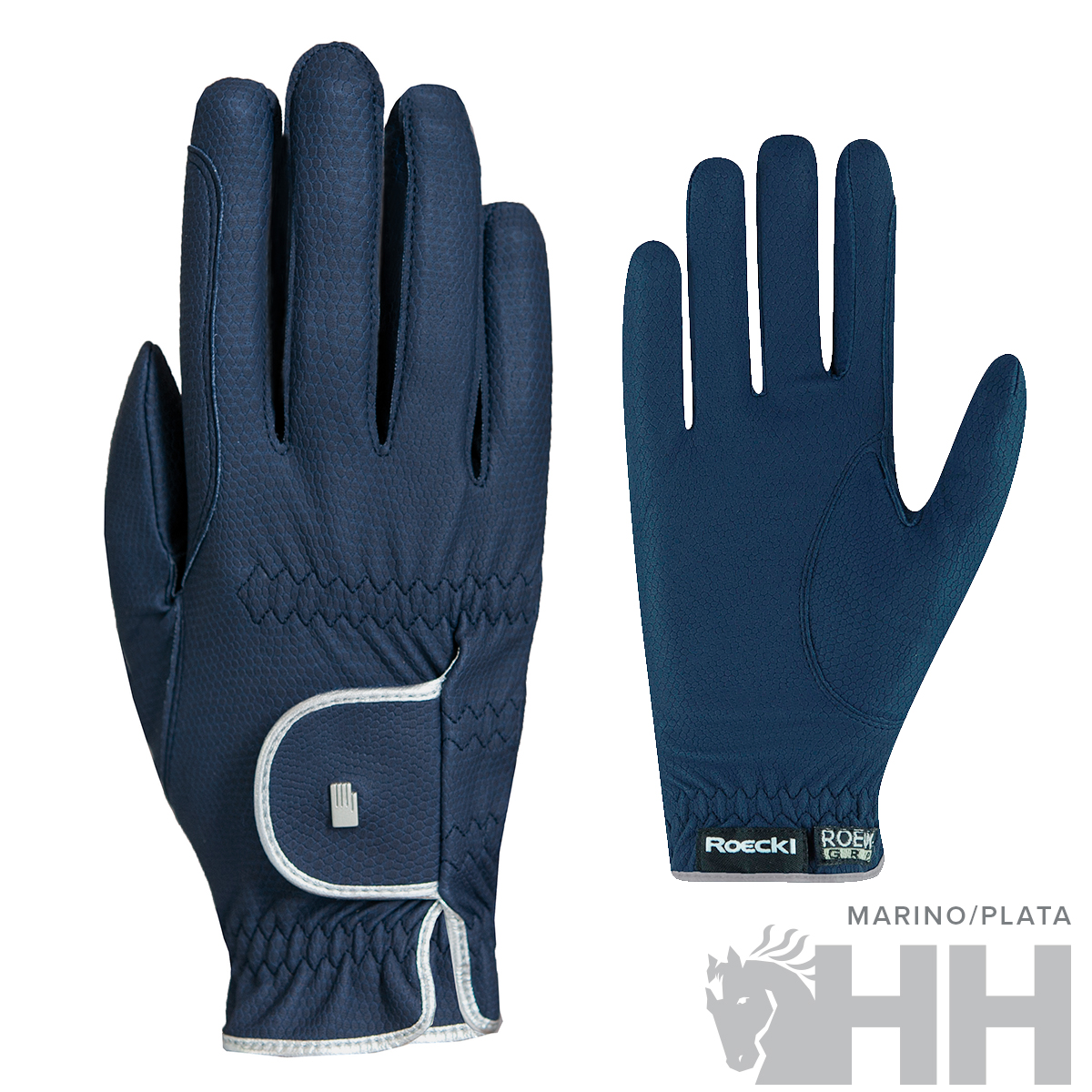 Luvas desportivas azul marinho com detalhes em prata e etiqueta Roeckl