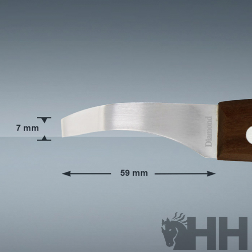 Faca para queijo com lâmina curva de aço e cabo de madeira sobre fundo cinzento.