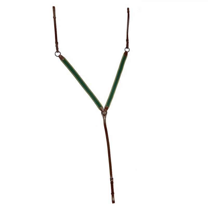 Peitoral para cão verde com detalhes castanhos e ferragens metálicas