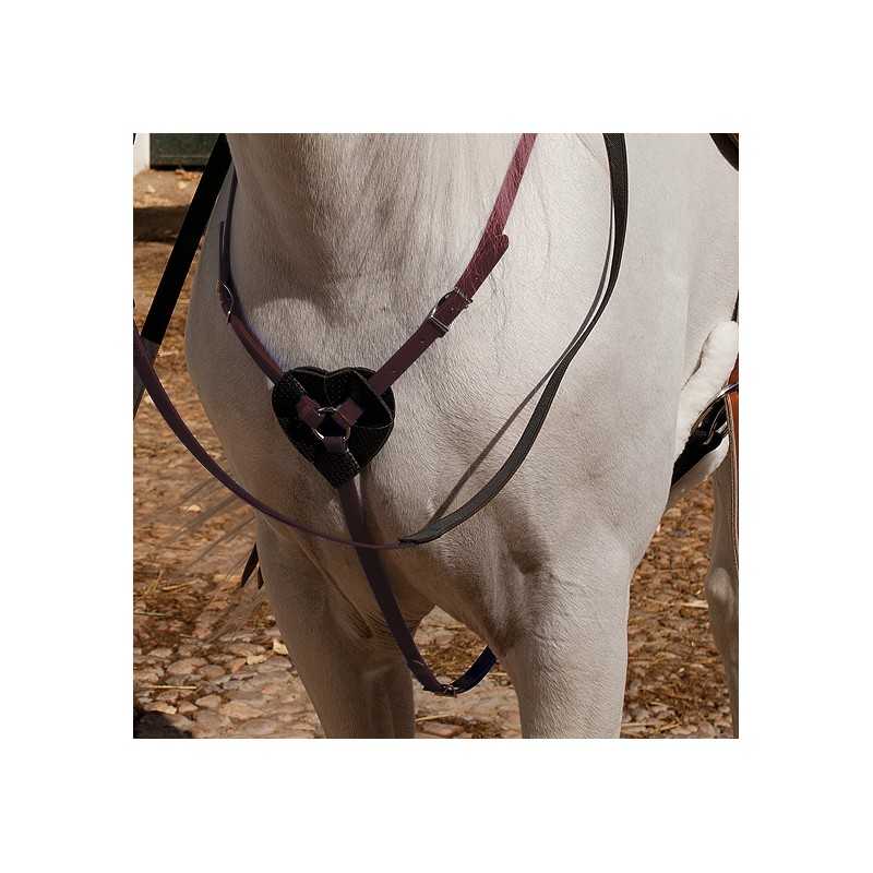 Peito de cavalo branco com fita preta em forma de coração e correias roxa e preta, fundo de pedras.